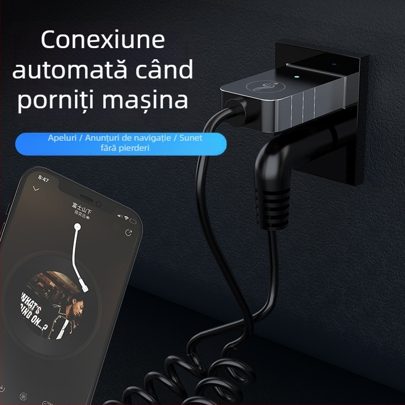 Receptor Bluetooth auto cu AUX, Bluetooth 5.0, Plug‑and‑Play, interfață USB/3.5 mm, rază de acțiune 10 m, model D08