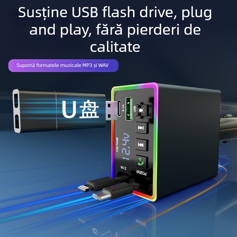 Încărcător auto cu receptor USB Bluetooth, model M38, 12–24V, interfață USB, funcție FM