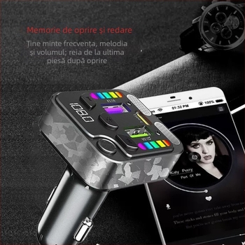 Încărcător auto cu MP3 player și Bluetooth hands-free, carcasă ABS, intrare 12–24V, montaj în priză, ieșire Bluetooth