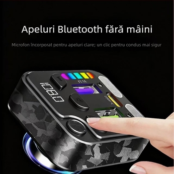 Încărcător auto cu MP3 player și Bluetooth hands-free, carcasă ABS, intrare 12–24V, montaj în priză, ieșire Bluetooth