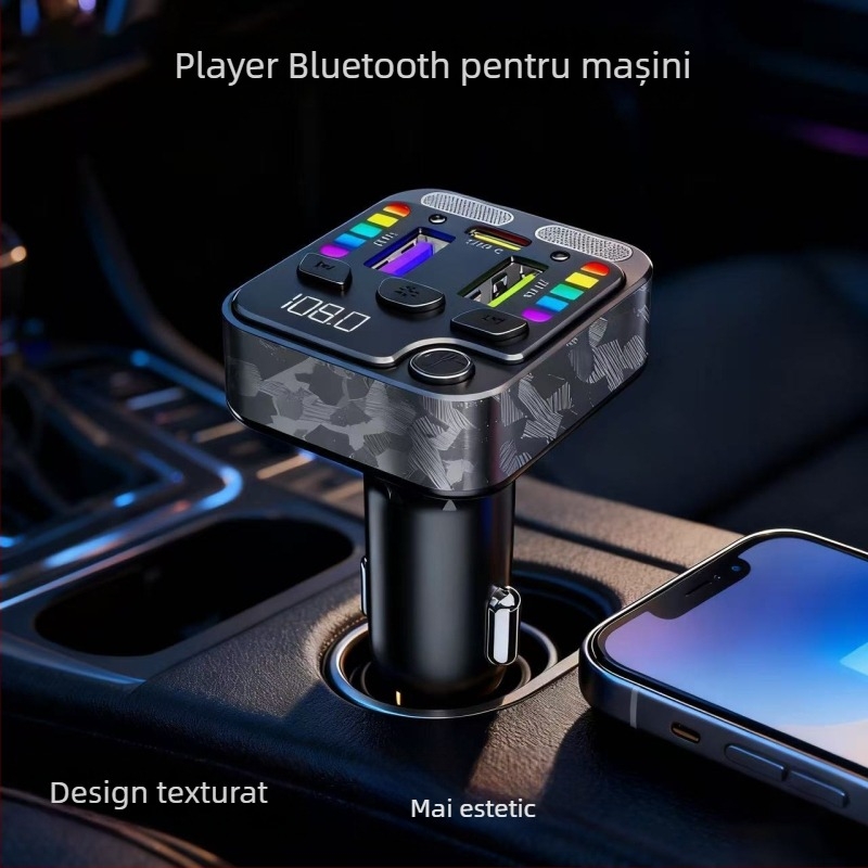 Încărcător auto cu MP3 player și Bluetooth hands-free, carcasă ABS, intrare 12–24V, montaj în priză, ieșire Bluetooth