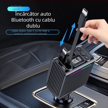 Player MP3 Bluetooth pentru mașină cu transmițător FM, încărcător USB PD rapid, cablu retractabil dublu, adaptor brichetă