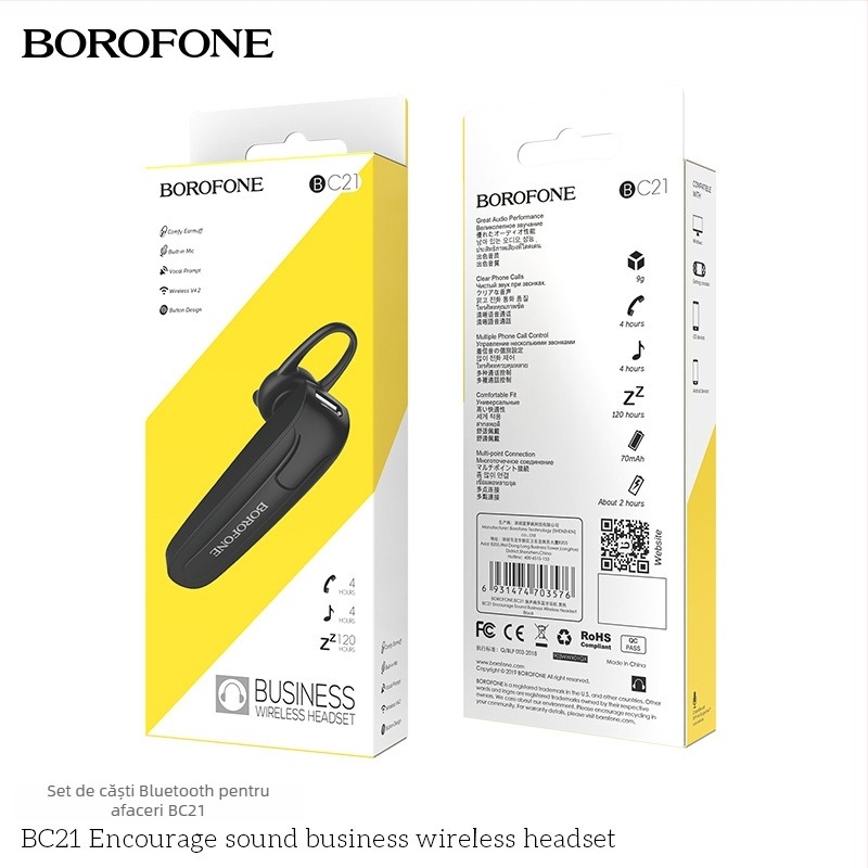 BOROFONE BC21 headset Bluetooth monaural pentru mașină, pentru convorbiri de afaceri, cu agățare pentru ureche, rază de 10 m, Bluetooth 4.1, autonomie 4–8 ore, redare muzică, latență scăzută pentru esports