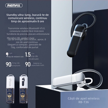 Remax cască Bluetooth fără fir pentru ureche cu agățare, suportă apeluri și muzică, Bluetooth 5.0, rază 10 m, mono, autonomie baterie până la 4 ore