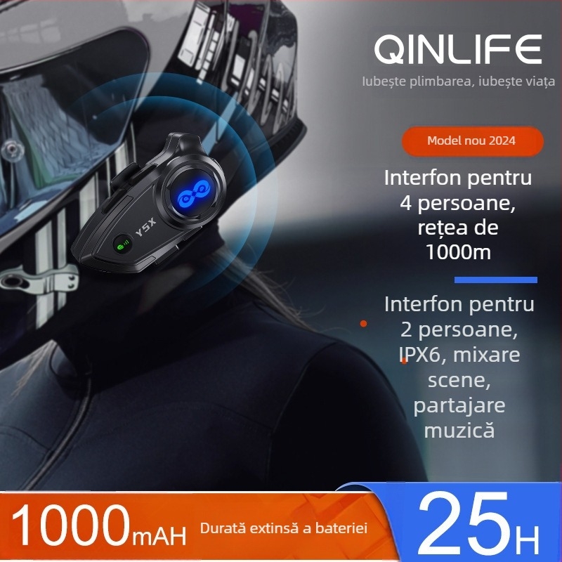 Casca moto Bluetooth headset cu partajare muzică, IPX6 rezistent la apă, intercom pentru 4 persoane, reducere a zgomotului, rază 10 m, Bluetooth 5.3