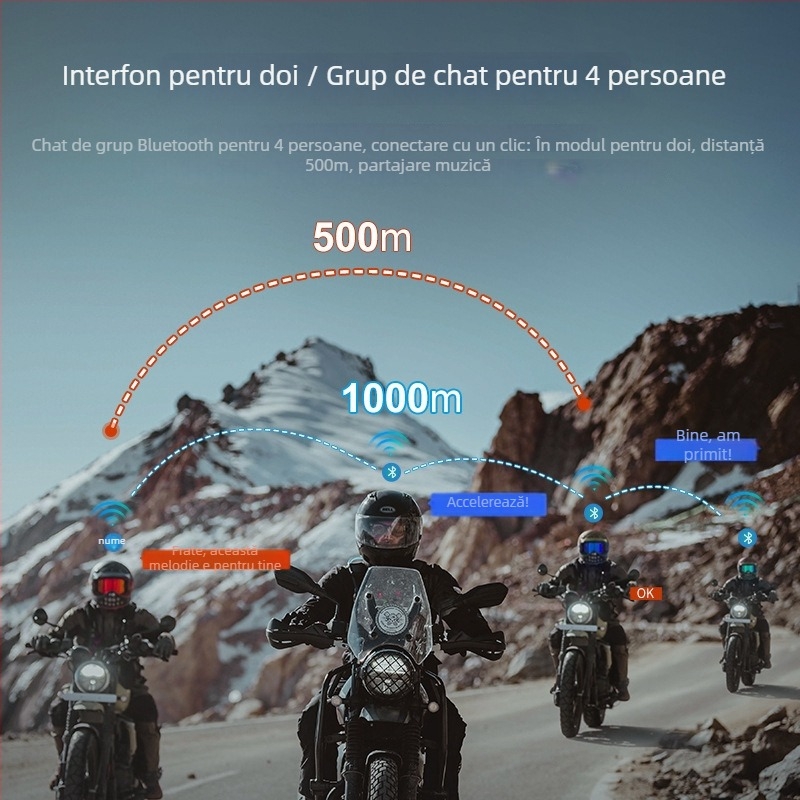 Casca moto Bluetooth headset cu partajare muzică, IPX6 rezistent la apă, intercom pentru 4 persoane, reducere a zgomotului, rază 10 m, Bluetooth 5.3