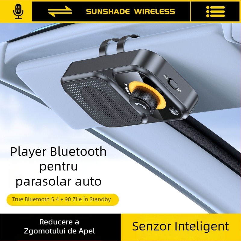 Hands-free Bluetooth pentru mașină cu montaj pe parasolar; difuzoare duale de 2W; intrare 5V; Bluetooth 2.4–2.48 GHz