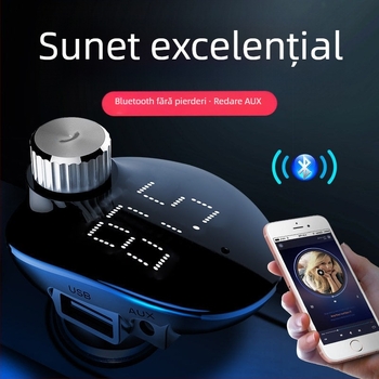 Transmițător FM auto cu MP3 Bluetooth, 87,5–108 MHz, 20–20 kHz, distorsiune <3%, rază 5 m, 12–24 V