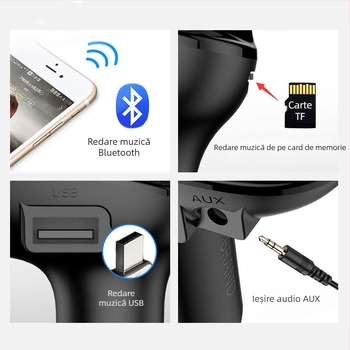 Transmițător FM auto cu MP3 Bluetooth, 87,5–108 MHz, 20–20 kHz, distorsiune <3%, rază 5 m, 12–24 V