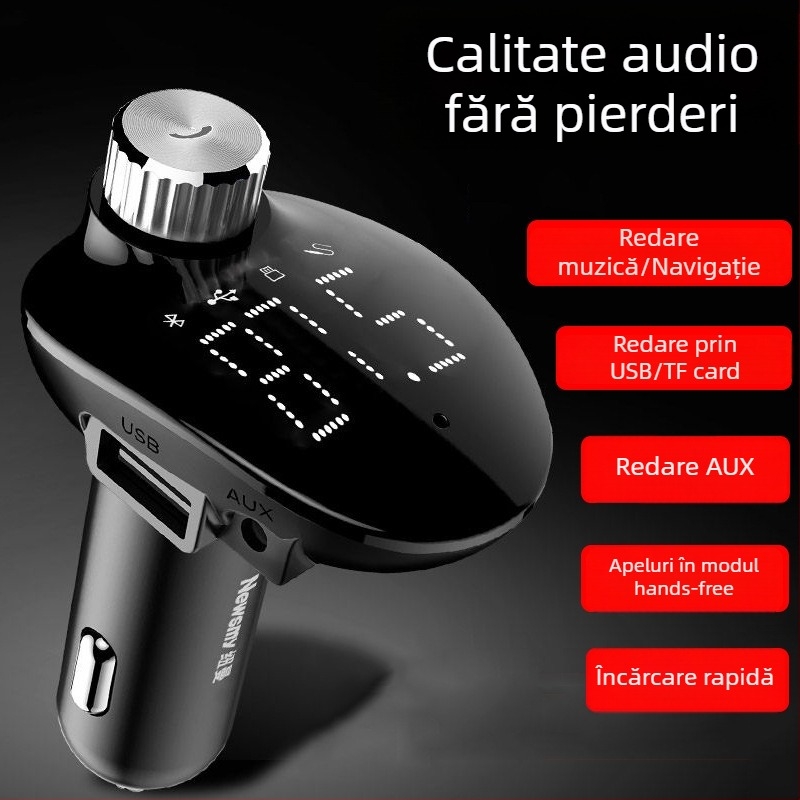 Transmițător FM auto cu MP3 Bluetooth, 87,5–108 MHz, 20–20 kHz, distorsiune <3%, rază 5 m, 12–24 V