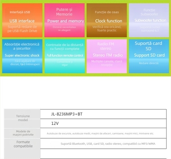 MP3 player Bluetooth pentru mașină cu FM, Siming Mountain JL-8236, 12V, 1.8kg