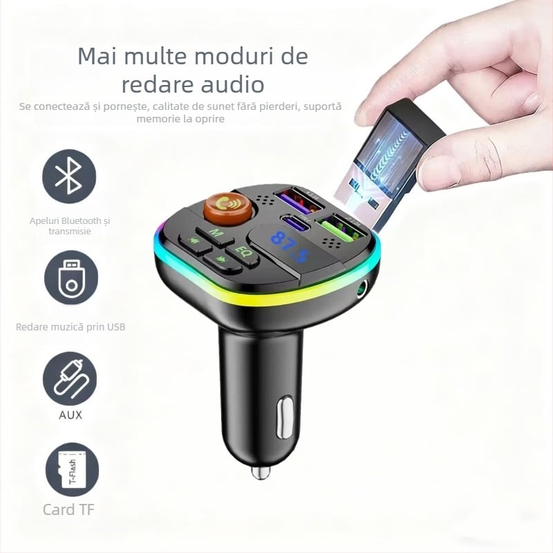 Încărcător Bluetooth pentru mașină cu iluminare ambientală și MP3 player, intrare 12–24V, modele Q35/Q36