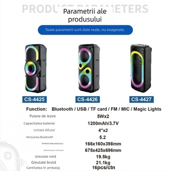 Boxă Bluetooth cu două difuzoare, Bluetooth 5.2, putere ieșire 10-20W, radio FM, baterie încorporată 2000-4000 mAh
