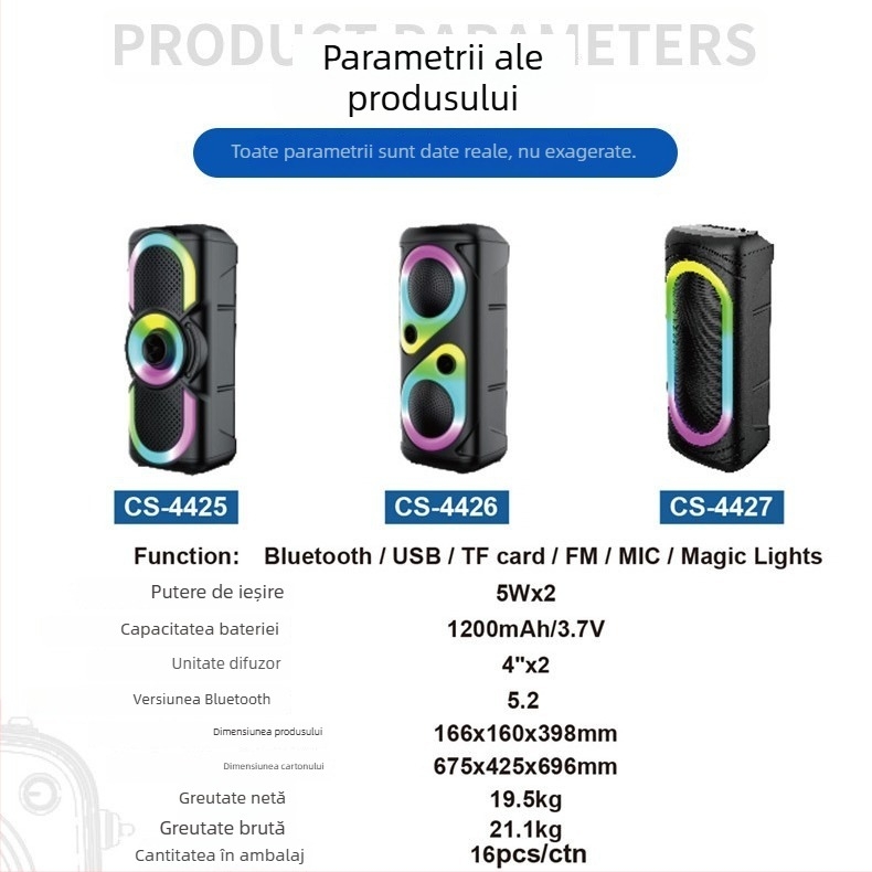 Boxă Bluetooth cu două difuzoare, Bluetooth 5.2, putere ieșire 10-20W, radio FM, baterie încorporată 2000-4000 mAh