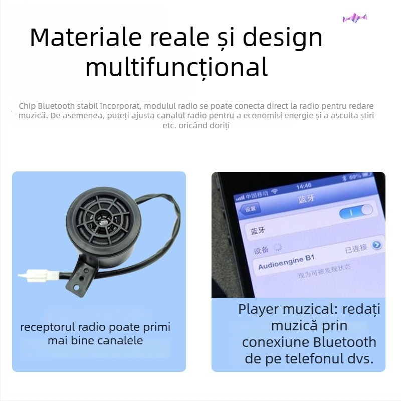 Sistem audio Bluetooth pentru motocicletă cu MP3, radio FM, protecție anti-furt și telecomandă