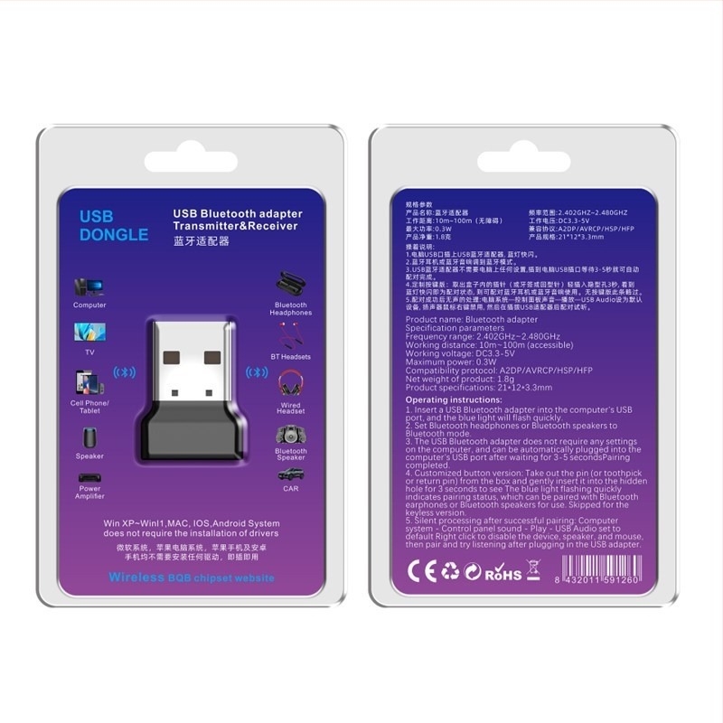 Bluetooth USB adaptor pentru desktop – fără drivere, Plug-and-Play, receptor/transmițător audio pentru căști (Bluetooth 6.0, interfață USB, Plug-and-Play, fără alimentare externă, rază 10 m)