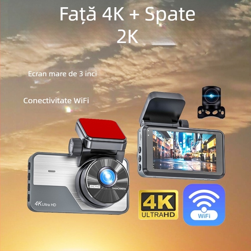 DVR auto dual cu înregistrare frontală 4K și spate 2K, ecran de 3 inch, Wi‑Fi, monitorizare parcare, vedere nocturnă