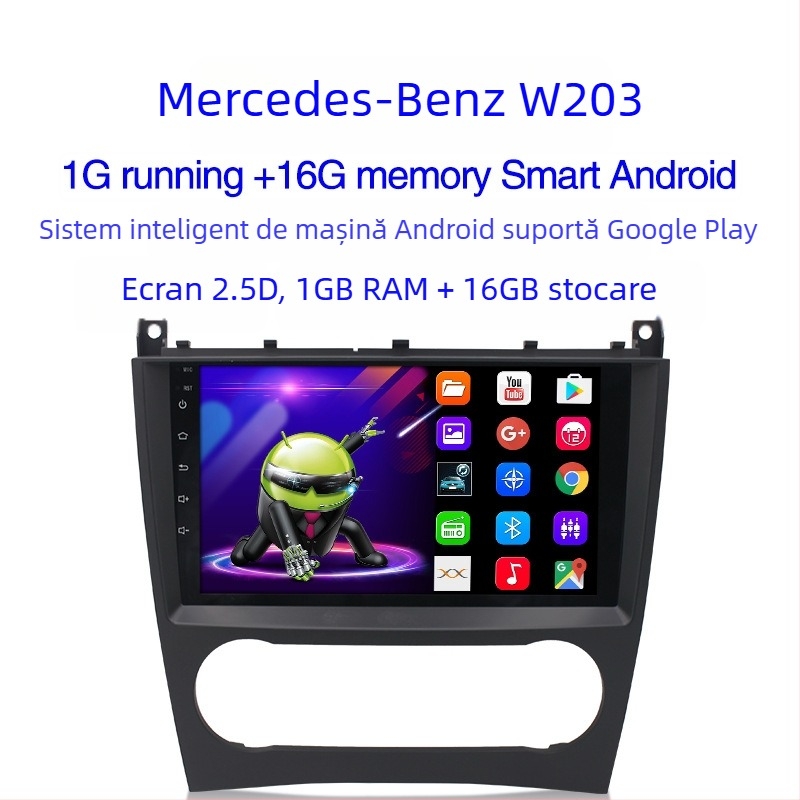 Mercedes-Benz Clasa C/W203 (2005–2011), navigație GPS Android de 9 inch, ecran tactil capacitiv, MP5 multimedia, alimentare 12V