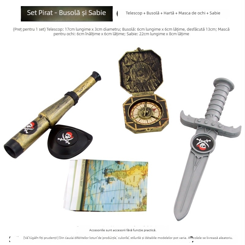 Set de accesorii pirat pentru Halloween – din plastic, turnare prin injecție, accesorii pentru machiaj și costum, include cuțit de jucărie, busolă, hartă și binoclu