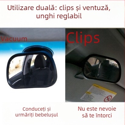 Oglindă retrovizoare auto pentru scaunul de copii – oglindă sferică, montaj cu ventuză sau clips pe visorul de soare, carcasă din PE plastic