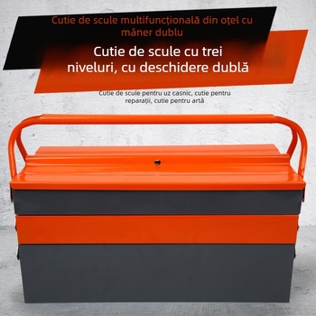Cutie de scule cu design pe trei niveluri și cinci compartimente, cadru din fier, placă din oțel laminat la rece, finisaj cu pulverizare din plastic, model portabil