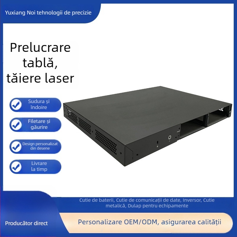 Carcasă din tablă pentru electronice | Materiale: oțel inoxidabil, aluminiu, cupru, aliaj de zinc, molibden; Grosime: 0,5–20 mm; Procesare: tăiere cu laser, ștanțare, îndoire, gaurire CNC; Tratarea suprafețelor: mat, lustruit, anodizare, placare; Textură s