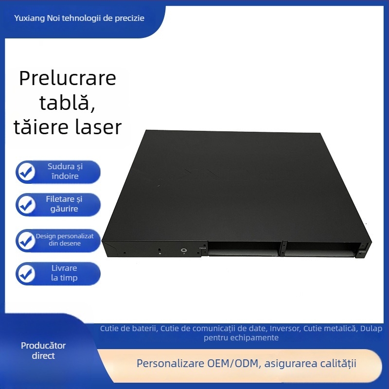 Carcasă din tablă pentru electronice | Materiale: oțel inoxidabil, aluminiu, cupru, aliaj de zinc, molibden; Grosime: 0,5–20 mm; Procesare: tăiere cu laser, ștanțare, îndoire, gaurire CNC; Tratarea suprafețelor: mat, lustruit, anodizare, placare; Textură s