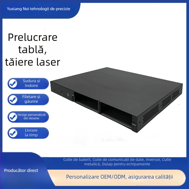 Carcasă din tablă pentru electronice | Materiale: oțel inoxidabil, aluminiu, cupru, aliaj de zinc, molibden; Grosime: 0,5–20 mm; Procesare: tăiere cu laser, ștanțare, îndoire, gaurire CNC; Tratarea suprafețelor: mat, lustruit, anodizare, placare; Textură s