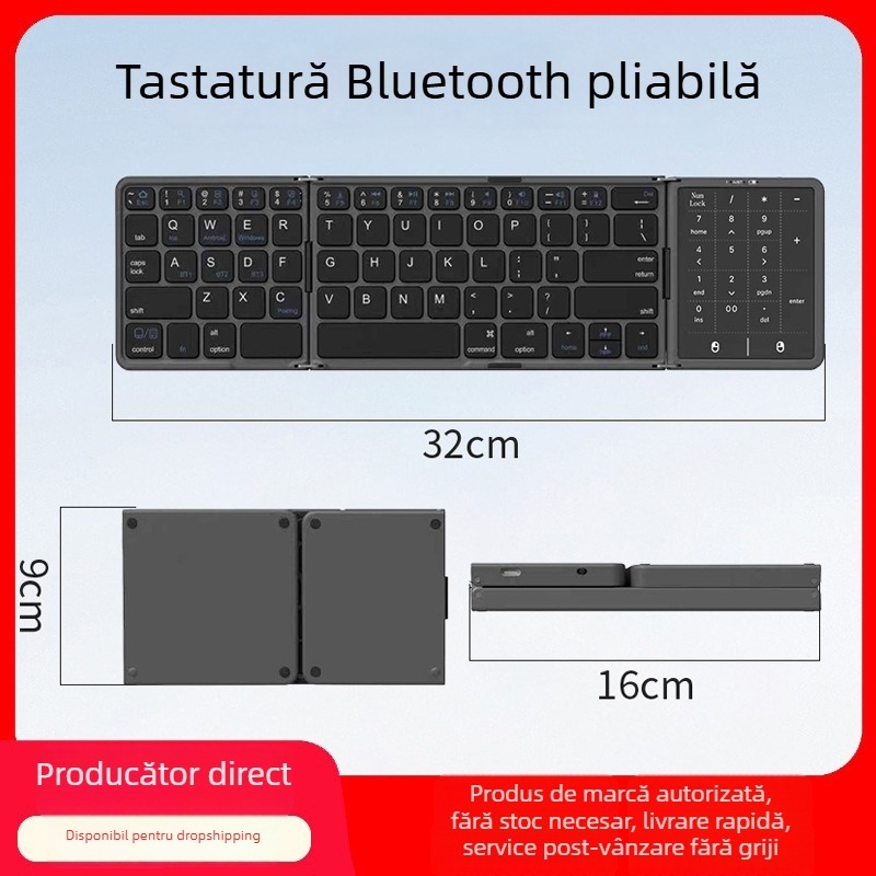 Tastatură Bluetooth pliabilă cu încărcare Type-C și touchpad mare, ideală pentru biroul digital