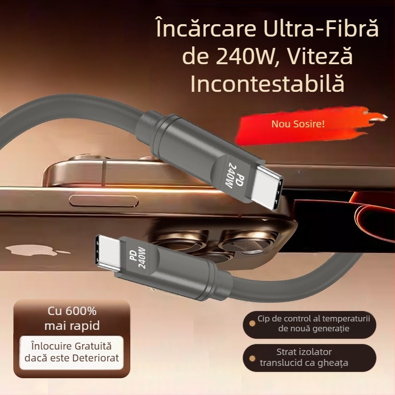 Cablu de date din silicon PD240W, încărcare rapidă, cu conectori Lightning și USB-C, compatibil cu laptopuri, tablete și telefoane, 1–2 m, maro