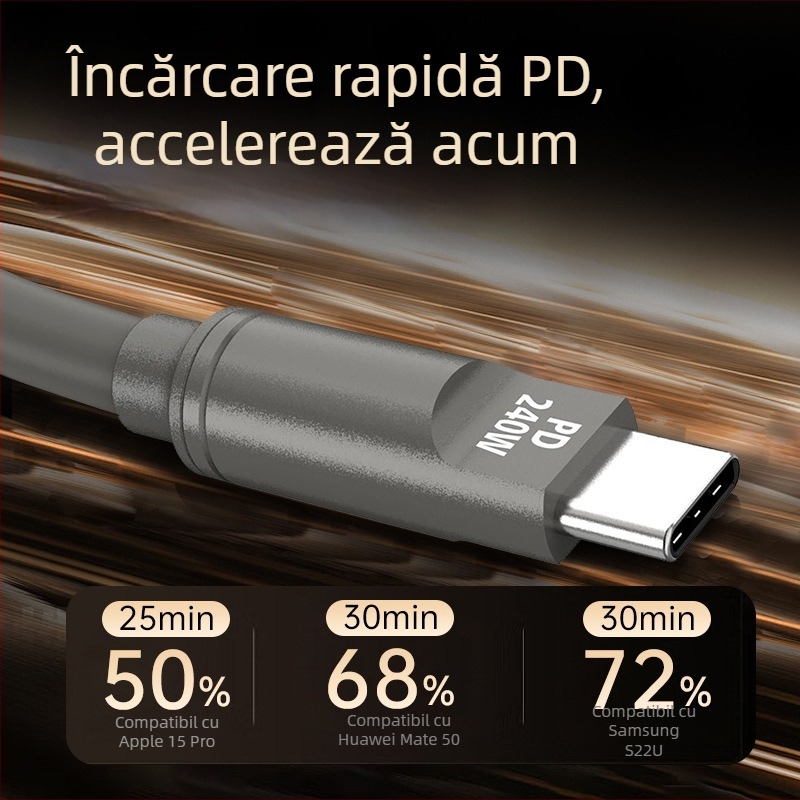 Cablu de date din silicon PD240W, încărcare rapidă, cu conectori Lightning și USB-C, compatibil cu laptopuri, tablete și telefoane, 1–2 m, maro