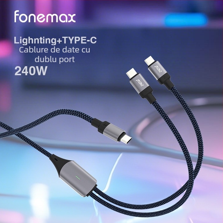 Cablu USB-C împletit pentru date, splitter 1 la 2, încărcare rapidă 240W pentru dispozitive Apple