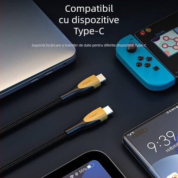 Cablu de date USB-C, interfață Type-C, 240W max, încărcare rapidă, cap unic, carcasă din plastic