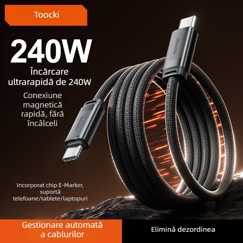 Tucci cablu USB-C pentru date cu stocare magnetică, încărcare rapidă 240W, PD compatibil, aliaj de aluminiu