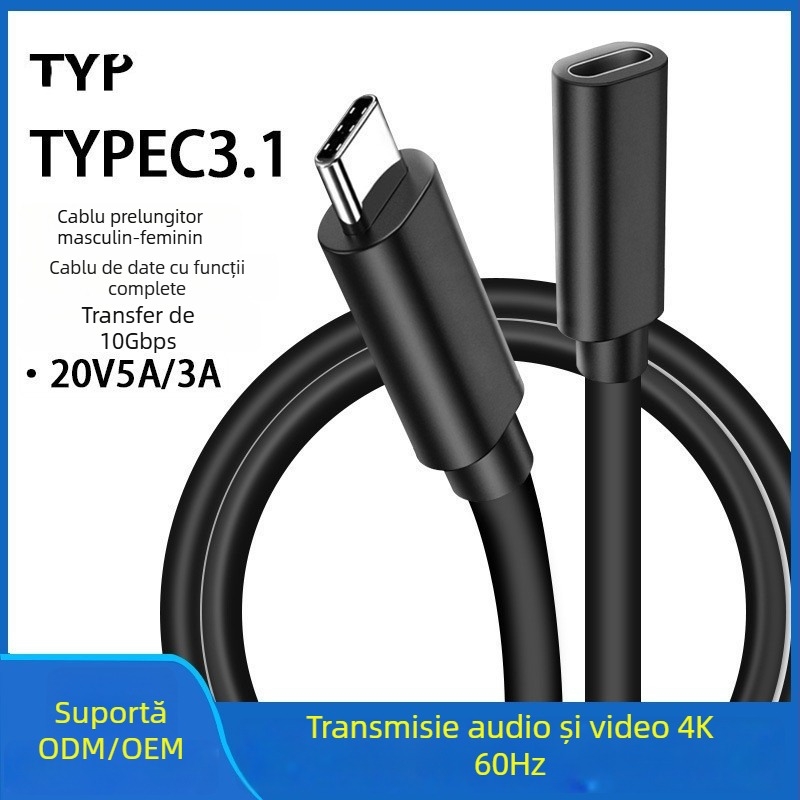 Cablu USB-C 3.1 cu funcție completă pentru transmisia audio/video, 4K60Hz, prelungitor USB-C M/F, 16 conductori