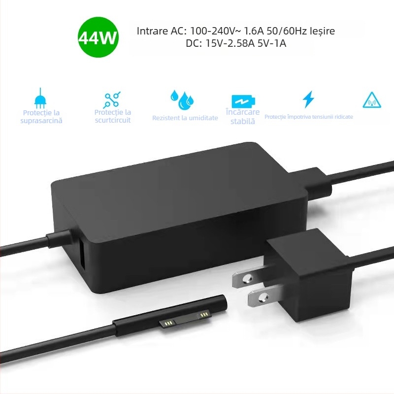 Încărcător adaptor de alimentare pentru Microsoft Surface Pro — 44W, 15V, 2.58A, Intrare 100-240V, Încărcare directă (Ne-original)