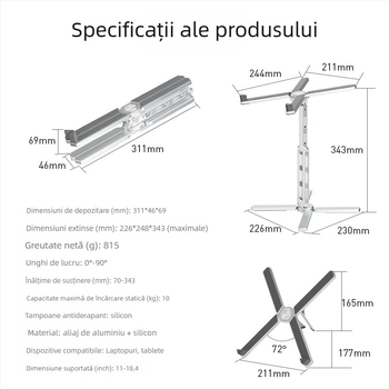 Stand pentru laptop multifunctional: rotativ, reglabil pe înălțime, pliabil și detașabil, compatibil cu toate modelele de notebook
