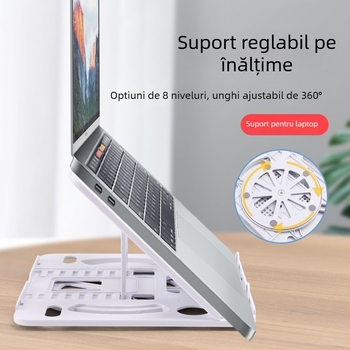 Suport laptop rotativ la 360°, pliabil, înălțime reglabilă, construcție metalică, bază de răcire pentru birou.