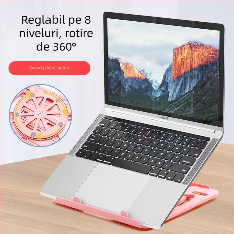 Suport laptop rotativ la 360°, pliabil, înălțime reglabilă, construcție metalică, bază de răcire pentru birou.