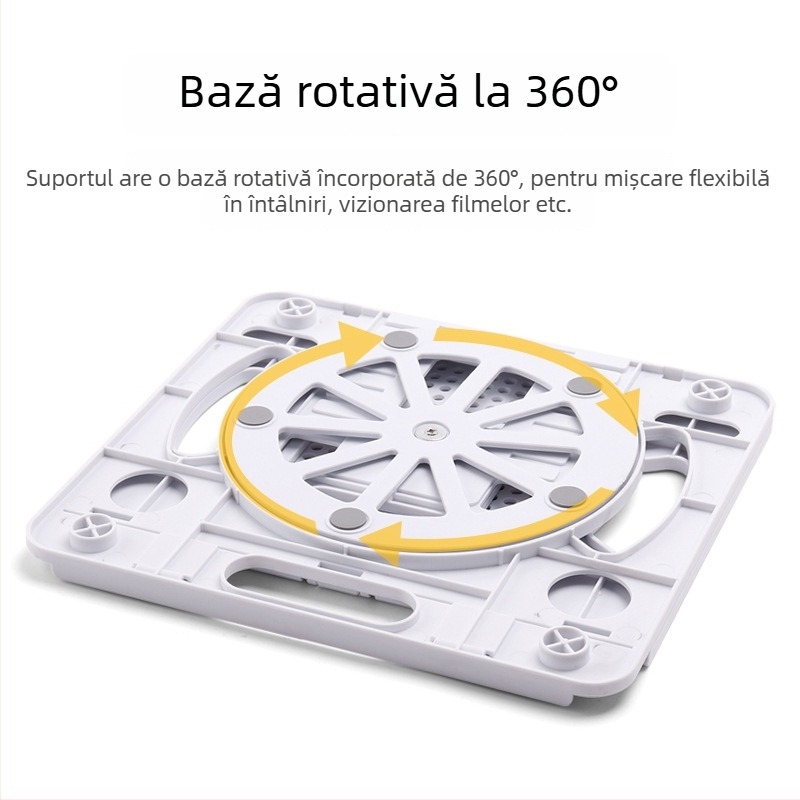 Suport laptop rotativ la 360°, pliabil, înălțime reglabilă, construcție metalică, bază de răcire pentru birou.