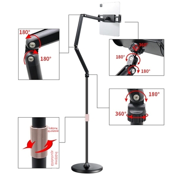 Zeli BX-N01 Suport de podea pentru telefon și tabletă cu braț telescopic pliabil, compatibil cu seria iPad, clemă cu trei brațe, bază rotundă