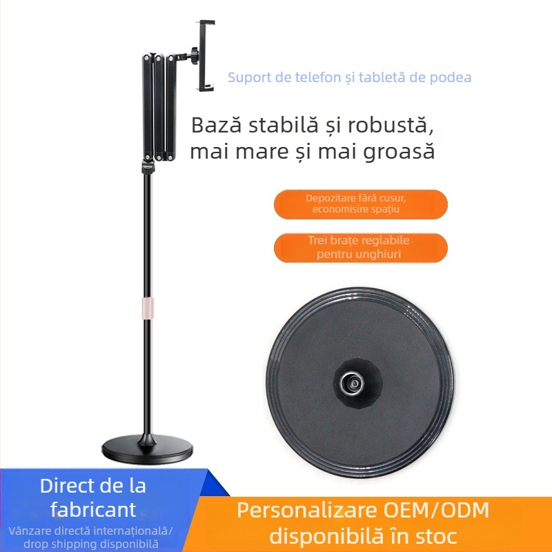 Zeli BX-N01 Suport de podea pentru telefon și tabletă cu braț telescopic pliabil, compatibil cu seria iPad, clemă cu trei brațe, bază rotundă