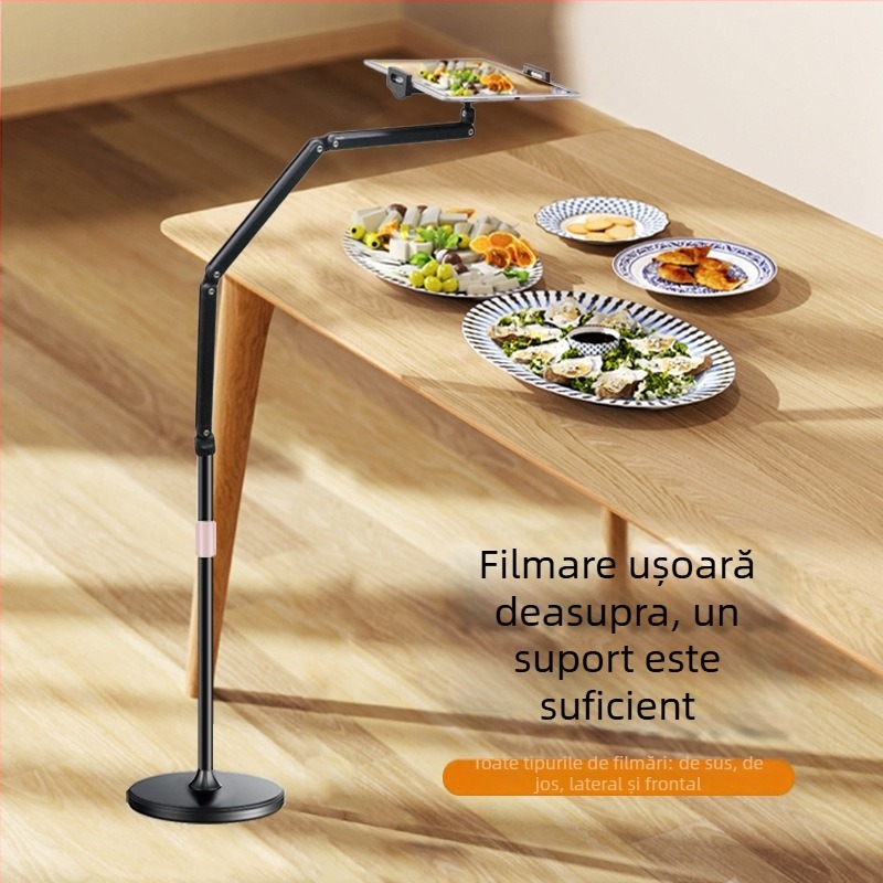 Zeli BX-N01 Suport de podea pentru telefon și tabletă cu braț telescopic pliabil, compatibil cu seria iPad, clemă cu trei brațe, bază rotundă