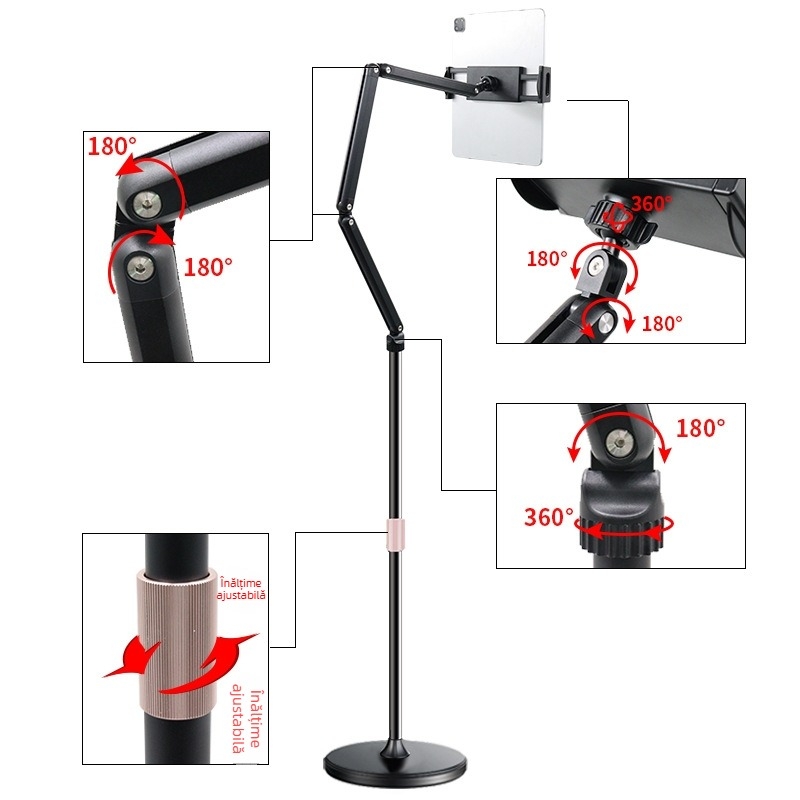 Zeli BX-N01 Suport de podea pentru telefon și tabletă cu braț telescopic pliabil, compatibil cu seria iPad, clemă cu trei brațe, bază rotundă