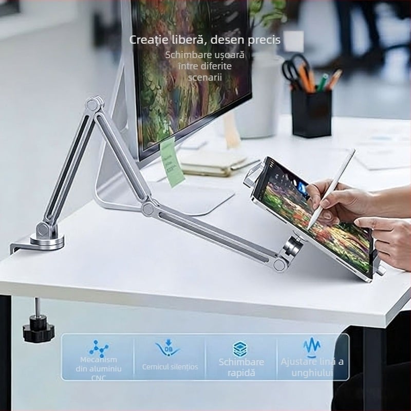 Suport pentru tabletă din aluminiu, fixare de birou cu braț cantilever, încărcare magnetică pentru iPad Air Pro