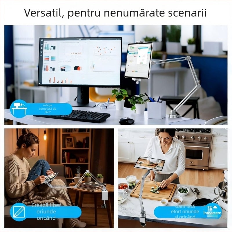 Suport pentru tabletă din aluminiu, fixare de birou cu braț cantilever, încărcare magnetică pentru iPad Air Pro