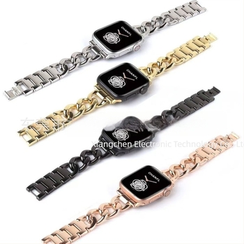 Curea metalică pentru Apple Watch, design lanț denim, închidere tip snap, compatibilă cu Apple, Samsung, Garmin și Huawei.