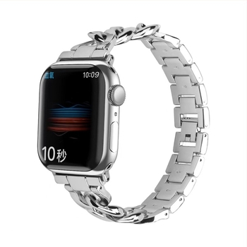 Curea metalică pentru Apple Watch, design lanț denim, închidere tip snap, compatibilă cu Apple, Samsung, Garmin și Huawei.