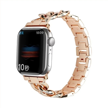 Curea metalică pentru Apple Watch, design lanț denim, închidere tip snap, compatibilă cu Apple, Samsung, Garmin și Huawei.