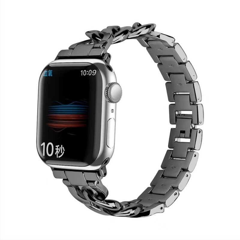 Curea metalică pentru Apple Watch, design lanț denim, închidere tip snap, compatibilă cu Apple, Samsung, Garmin și Huawei.